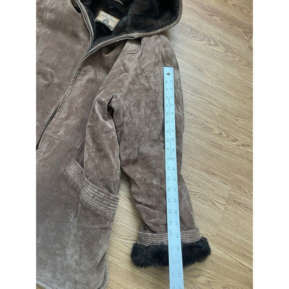 Vtg St Johns Bay Suede Leather Faux Fur Lined Jacket Zip Hood Womens Sz M Brown - Picture 11 of 11